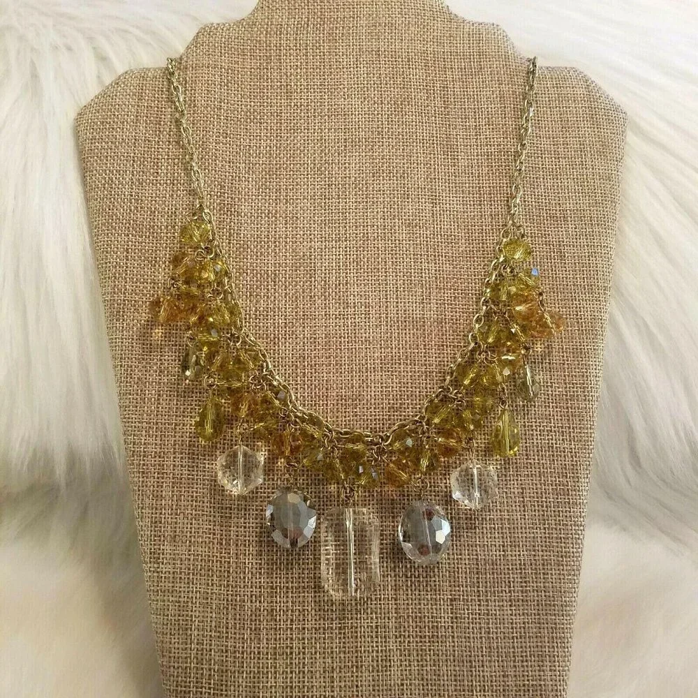 Victorian Regency Glass Bib Necklace Green Gold Tone Festival‎ Gypsy Chunky 2366